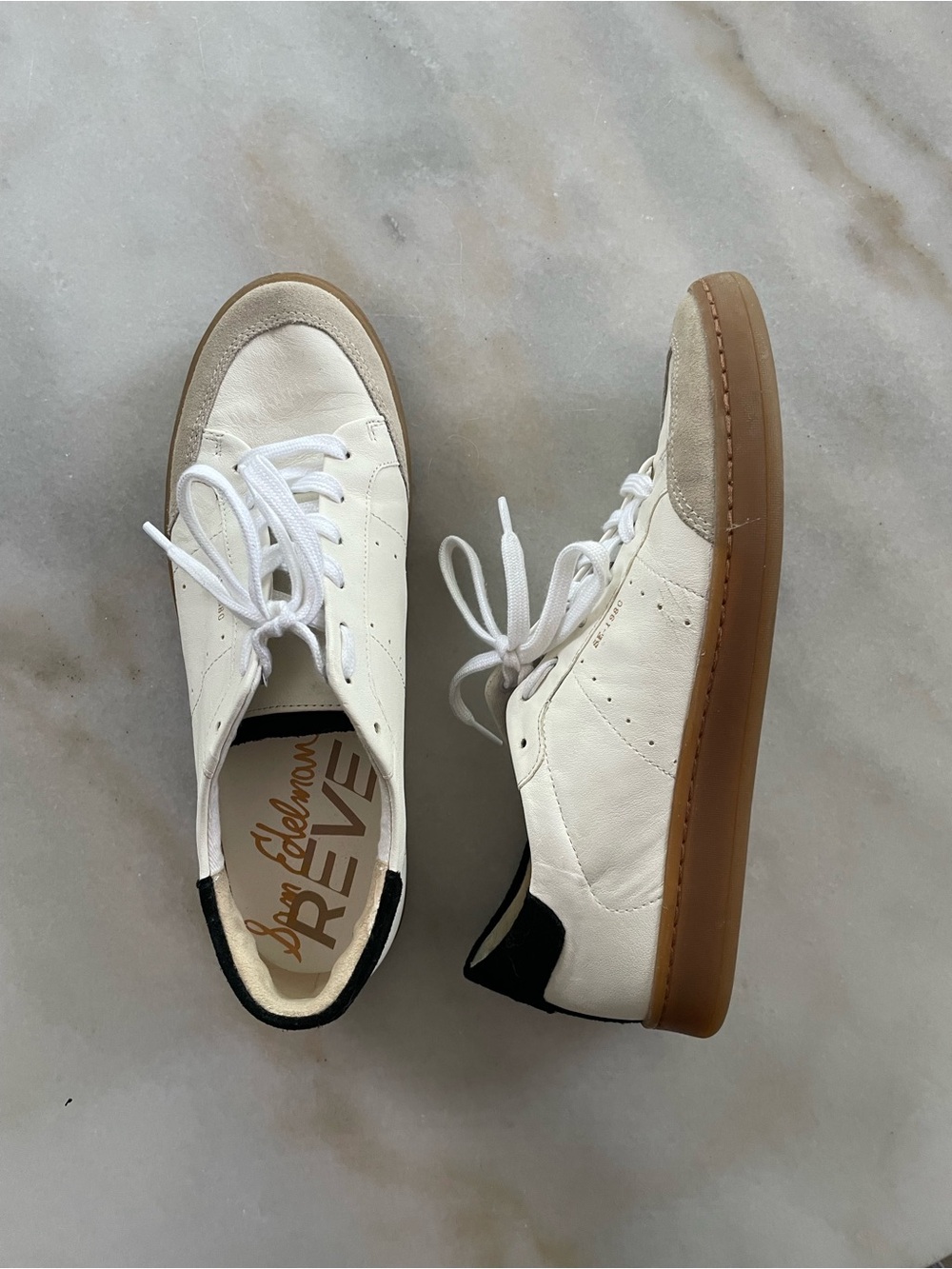 Sam Edelman Men's White Leather Sneakers with Tan Gum Sole and Black Heel Tab